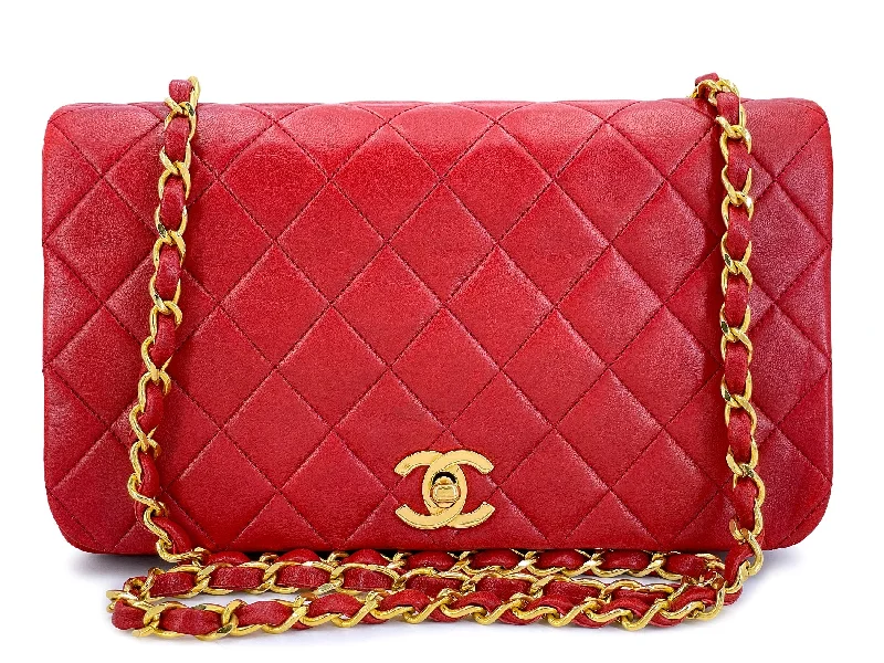 Chanel bags available at online luxury retaileChanel Vintage Red Full Flap Bag 1989 Quilted Lambskin 24k GHW Lambskin