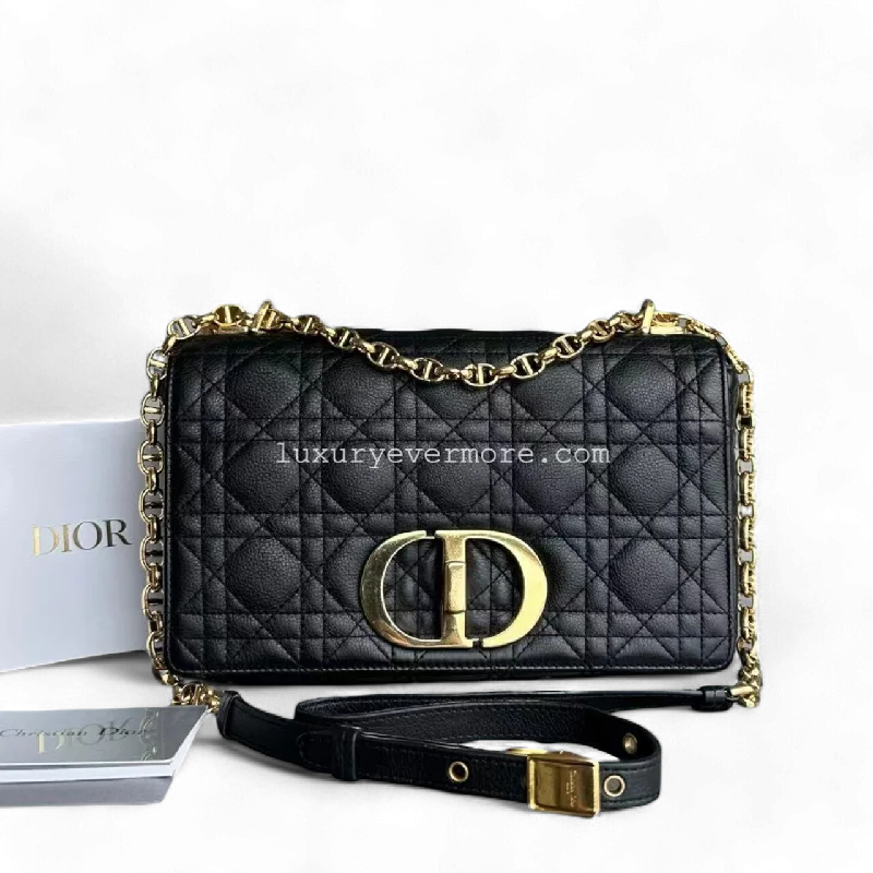 Christian Dior tote bags with a double - handle and shoulder - strap optionCaro Medium 25CM Cannage Calfskin Black Golden Hardware