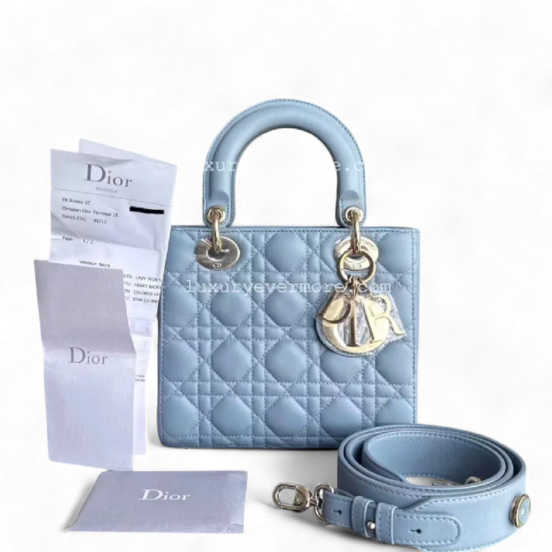 Christian Dior Saddle bags with a studded trim for a bold look*Full Set, Receipt* Lady Small Cannage Lambskin Light Blue Golden Hardware ABC MyABC