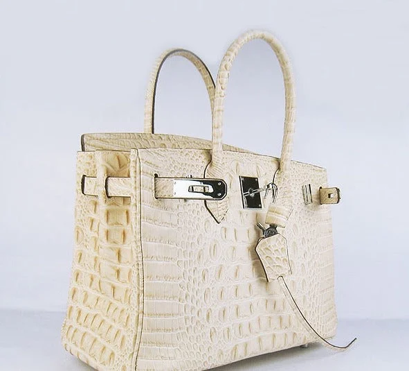 Hermes Birkin 30cm Crocodile Head Vein Handbags Beige Silver