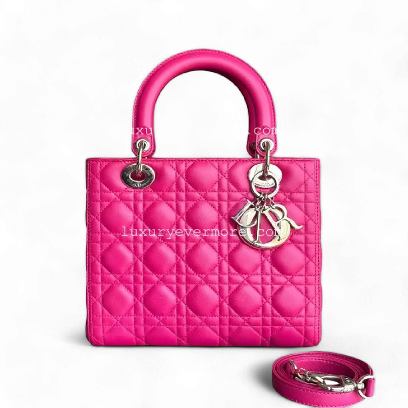 Luxury Christian Dior crossbody bags with a chain - link strapDior Lady Medium - Cannage Lambskin Hot Pink Golden Hardware