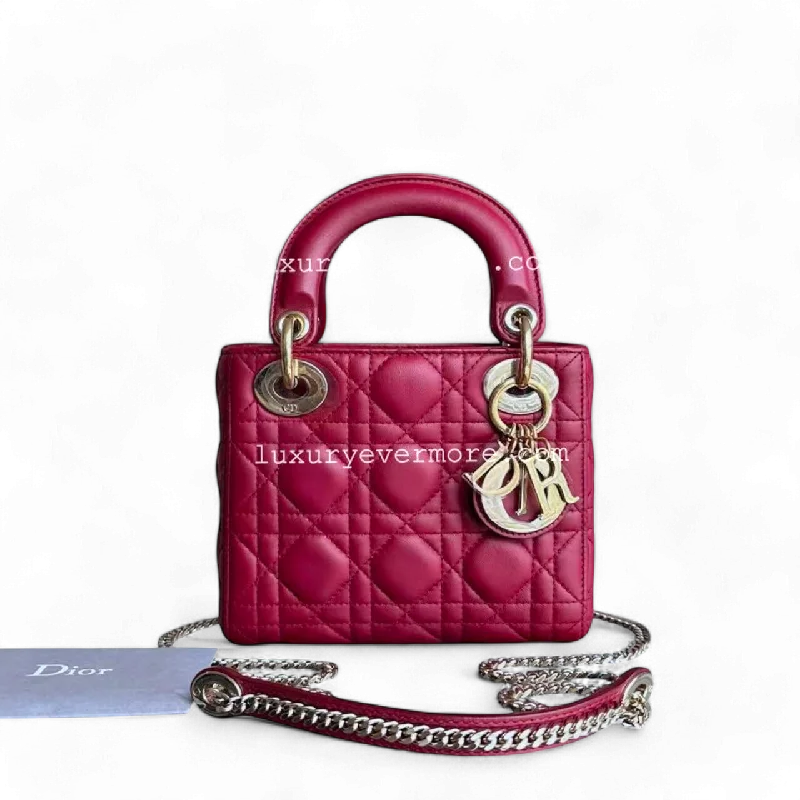 Trendsetting Christian Dior crossbody bags with a colorful strapDior Lady Mini - Cannage Lambskin Red Golden Hardware