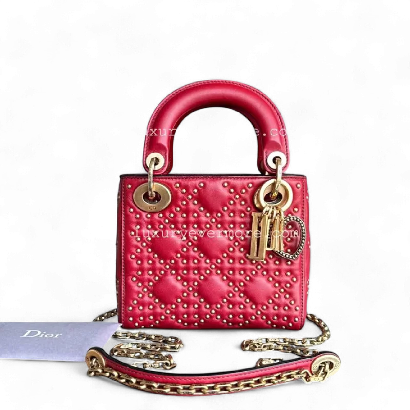 Christian Dior handbags with a back - pocket for quick storageDior Lady Mini - Valentine Studded Red Golden Hardware